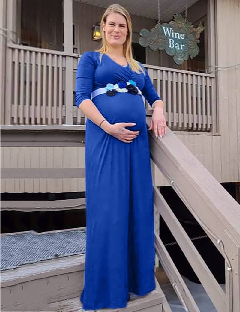 KIM S Maternity Dress Winter Photoshoot Maternity Photoshoot Christmas Baby Shower Wrap Nursing Long Wedding Guest 2025 (Royal Blue L) - Image 2